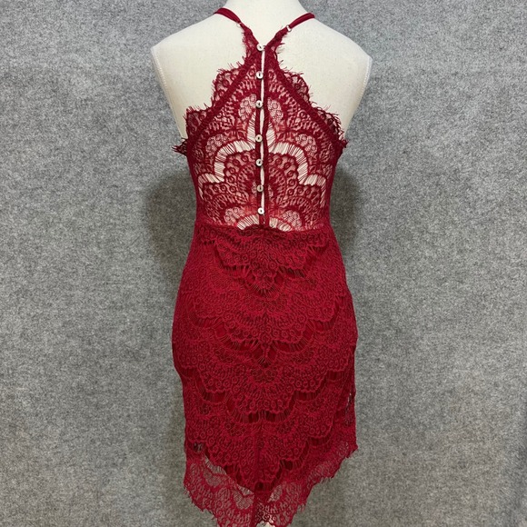 Intimately Free People Lace Halter Dress Red Button Back Sheer Mini Size PS - Picture 3 of 9